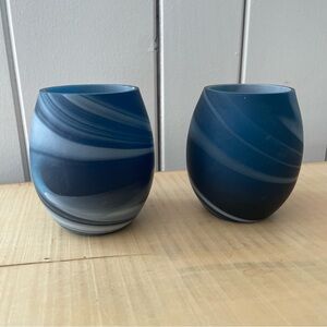 JUST IN Swirl Glass Votive Holders Dark Blue White Set of 2 Elegant Tea Candles